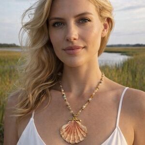 Gold Shell Pendant Necklace with Peach Shell and Beaded Chain - Women Jewelry